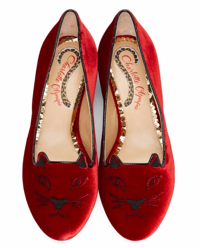 Charlotte Olympia  Red Velvet Kitty Flats 红色天鹅绒款猫头鞋