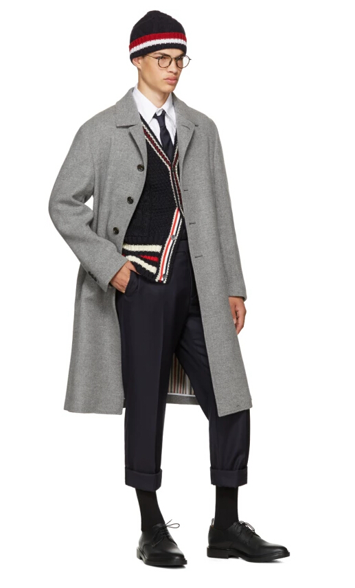 Thom Browne N*y Aran Cable Cricket Stripe Classic V-Neck Cardigan 男款羊毛开衫