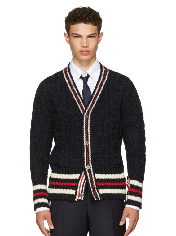 Thom Browne N*y Aran Cable Cricket Stripe Classic V-Neck Cardigan 男款羊毛开衫