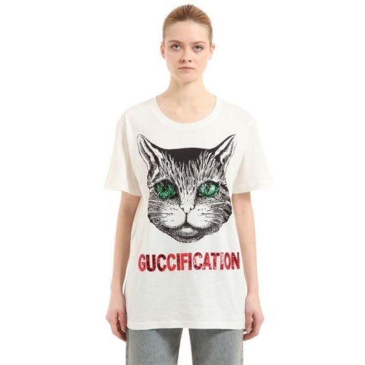 爆款8.8折 Gucci 2018早春新款 亮片猫咪图案短袖T恤