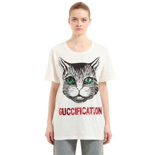 爆款8.8折 Gucci 2018早春新款 亮片猫咪图案短袖T恤