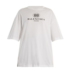 BALENCIAGA Logo-print dropped-shoulder cotton T-shirt 2018款宽松版白色T恤