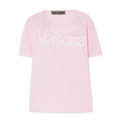 李冰冰、阿Sa*新同款 VERSACE Embroidered cotton-jersey T-shirt 粉色T恤衫