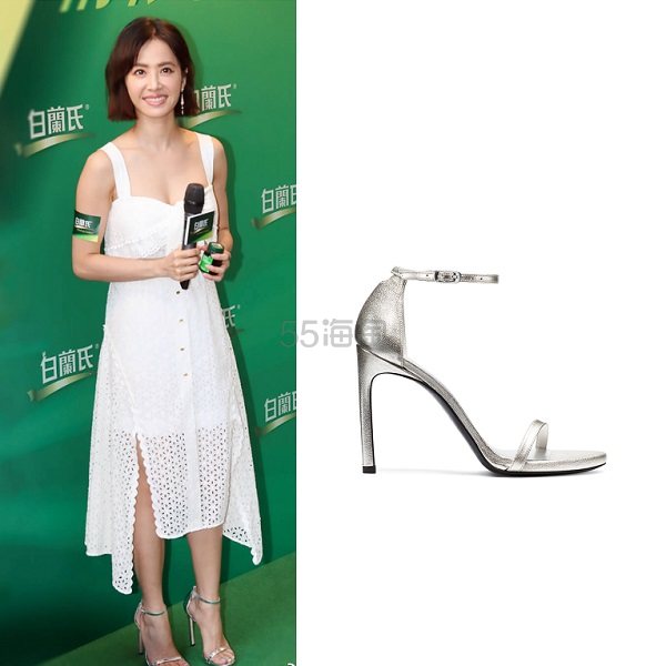 【蔡依林同款】Stuart Weitzman 经典 Nudistsong 银色皮制一字带高跟鞋