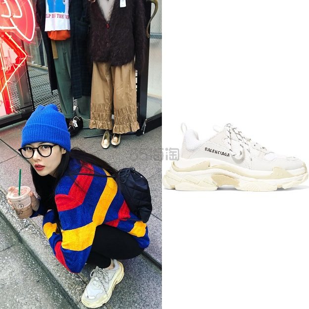 【泫雅同款】BALENCIAGA Triple S 标志刺绣皮革牛巴革网眼运动鞋