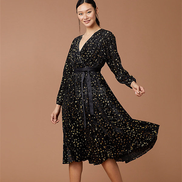 DVF V领腰带长袖裹身裙