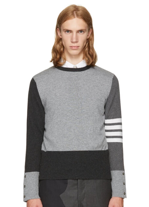 Thom Browne Grey Classic Four Bar Funmix Crewneck Sweater 男款羊绒拼接毛衣