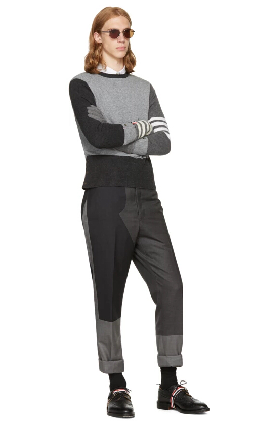Thom Browne Grey Classic Four Bar Funmix Crewneck Sweater 男款羊绒拼接毛衣