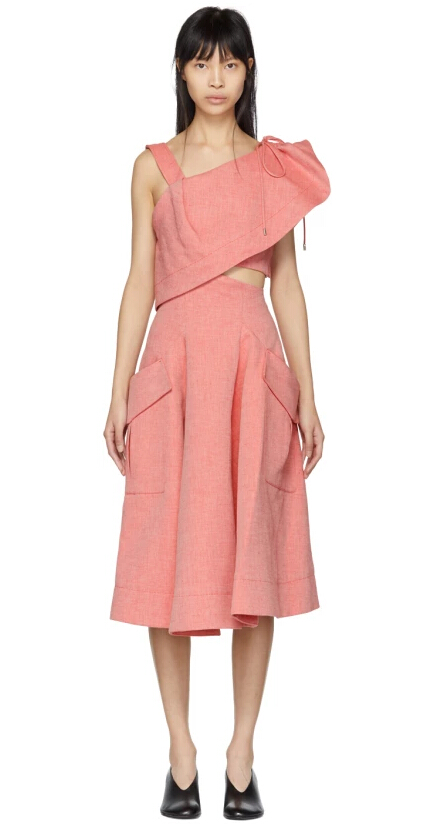 景甜同款 Carven Red Twill Cut-Out Dress 粉色连衣裙