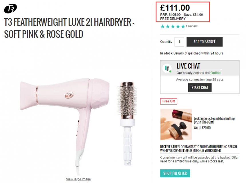 【补货】5.7折+送粉底刷！T3 不*发吹风机 Luxe 2i 玫瑰金套装 英版无需变压器