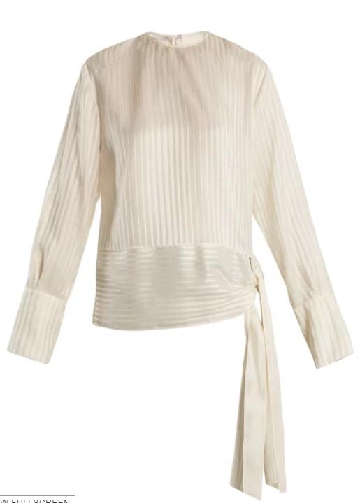 袁泉同款 STELLA MCCARTNEY Sash-hem striped silk top 白色丝绸上衣