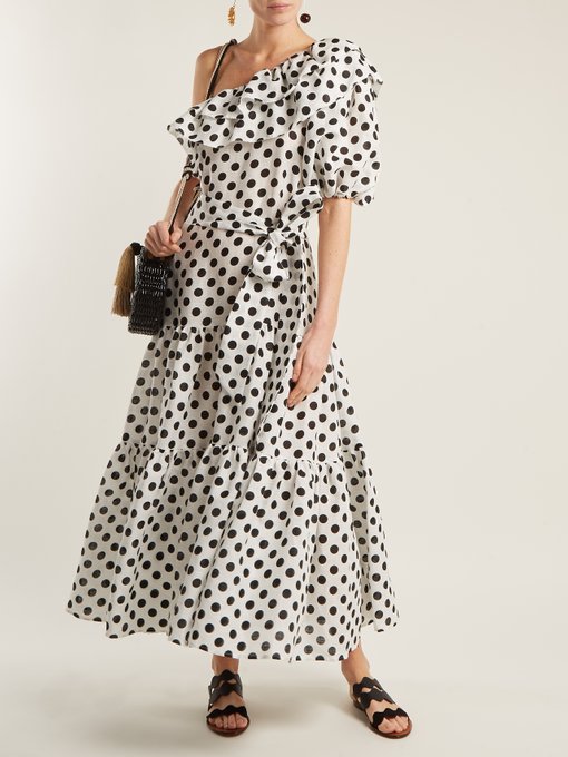 【55海淘节】纽约设计师品牌  LISA MARIE FERNANDEZ Arden one-shoulder polka-dot linen dress 波点露肩裙