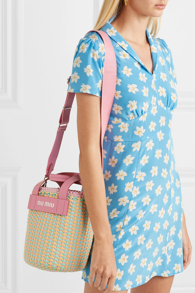 【55海淘节】MIU MIU 皮革边饰人造皮革编织手提包