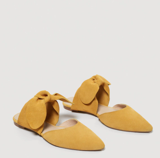 Mango New Collection Bow leather shoes 黄色丝绒平底鞋