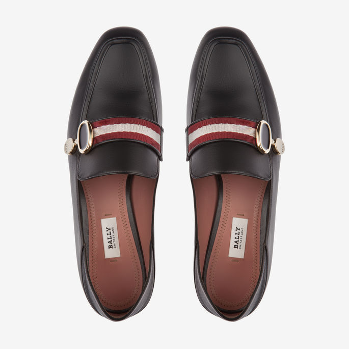 6折!BALLY 巴利 LIVILLA 牛皮帆布条纹黑色女士乐福鞋