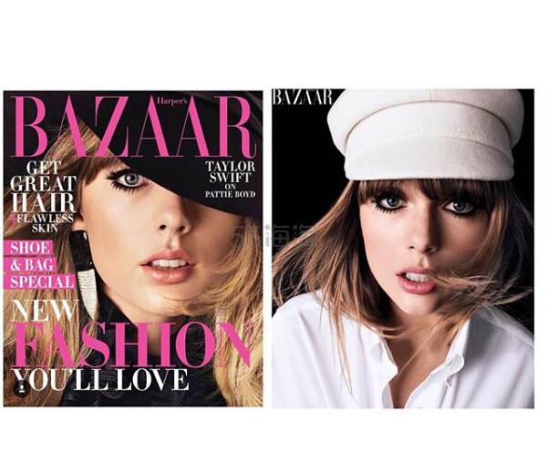 Taylor Swift 戴 RUSLAN BAGINSKIY 时尚报童帽登上 Harpers Bazaar美国版8月封面