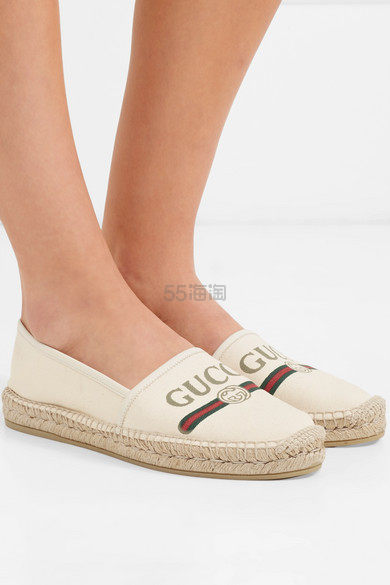 Gucci 也出渔夫鞋啦！GUCCI Pilar 皮革边饰品牌标志印花帆布麻底鞋