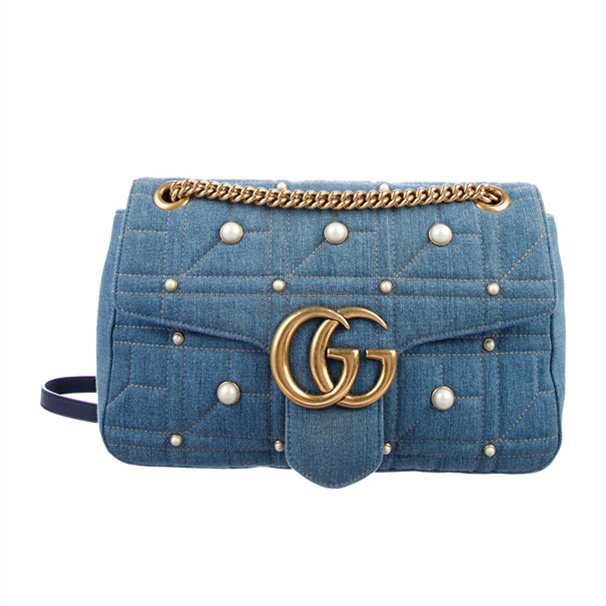 Gucci vintage GG Marmont 中古珍珠牛仔色链条包
