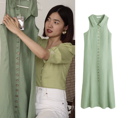 【Sunnie 同款】Mango Buttoned Linen-blend Dress 抹茶绿无袖连衣裙