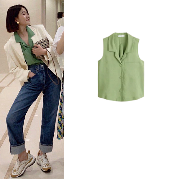 【Sunnie 同款】Mango Buttoned Textured Blouse 草绿色无袖衬衫背心