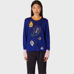 5折！Indigo Wool Sweater With Floral Embroideries 女士针织花卉羊毛衣