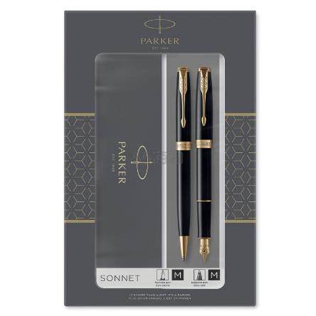 【中亚Prime会员】Parker 派克 Sonnet 卓尔系列 23K镀金磨砂黑杆金夹 钢笔+宝珠笔 礼盒套装