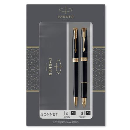 【中亚Prime会员】Parker 派克 Sonnet 卓尔系列 23K镀金磨砂黑杆金夹 钢笔+宝珠笔 礼盒套装