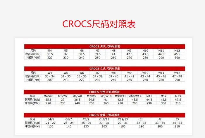 croce卡洛驰尺码对照表，海淘croce卡洛驰男鞋女鞋尺码