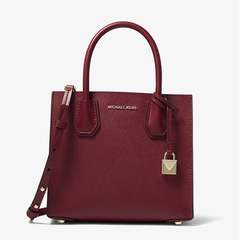 补货！【4.5折】Michael Kors Mercer 酒红色中号风琴锁头托特包