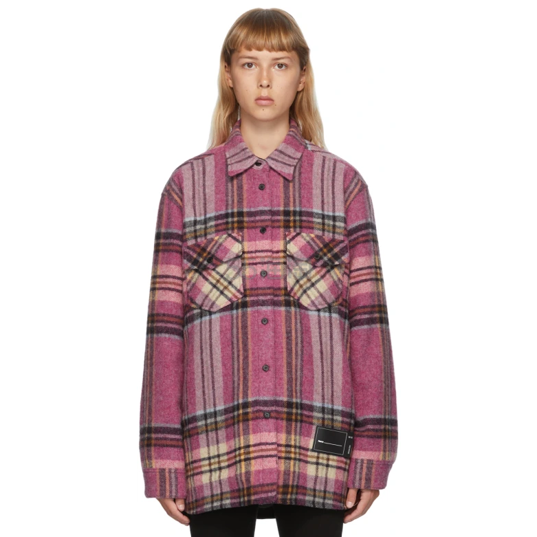 新人高返we11done粉色格纹初剪羊毛衬衫夹克