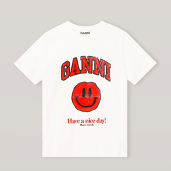 Ganni logo 笑脸 T恤 红白色