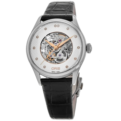 ORIS Artelier Skeleton 银色钻石表盘黑色皮革表带女士手表