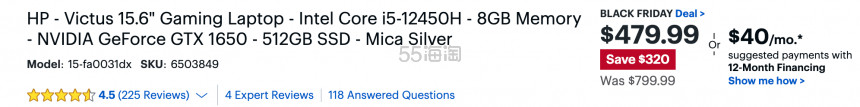 降价！HP Victus 15 游戏本 (i5-12450H, 1650, 8GB, 512GB)