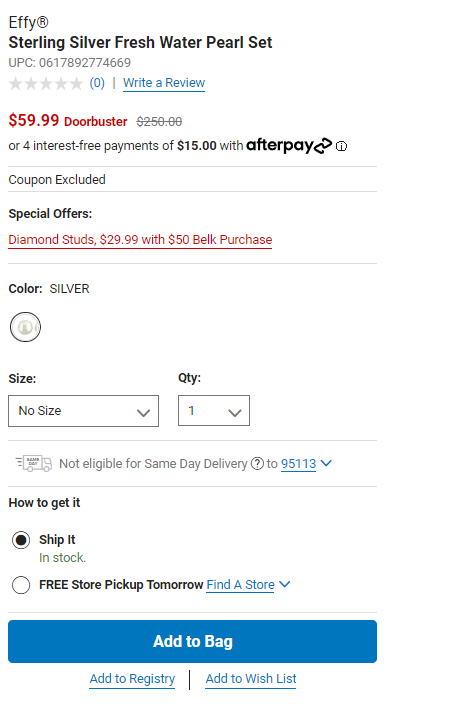 好价！Effy 纯银淡水珍珠套装