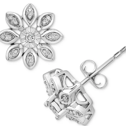 好价！MACY'S 梅西百货 纯银钻石花簇耳钉