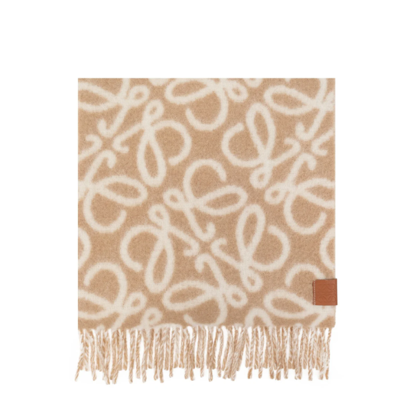 Loewe Anagram 双面羊驼毛流苏围巾 棕白