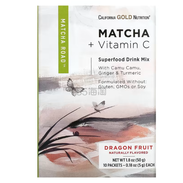 特价！California Gold Nutrition MATCHA ROAD 抹茶 + 维生素 C 火龙果味 10包