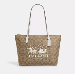 降价！Coach 蔻驰 Zip Top 马车 Logo 印花老花托特包