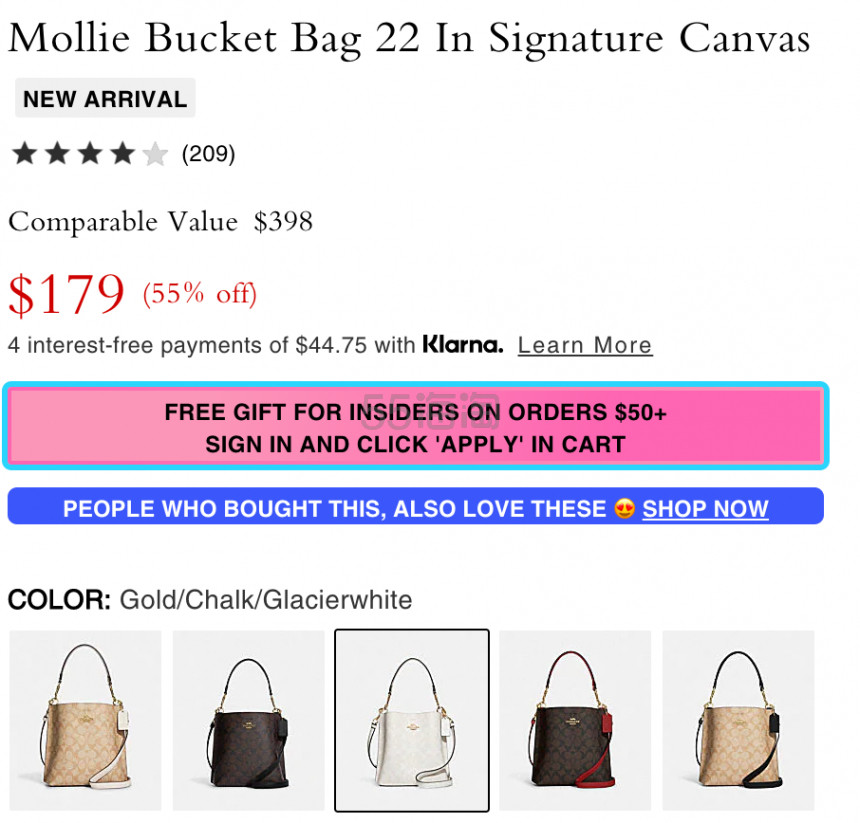 补货！Coach 蔻驰 Mollie 22 冰川白老花水桶包
