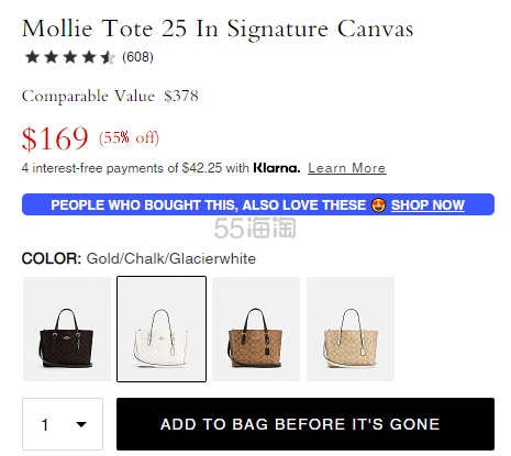补货！Coach 蔻驰 Mollie 25 冰川白老花托特包