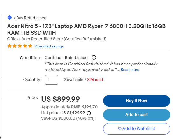 官翻 Acer Nitro 5 17.3" 游戏本 (R7 6800H , 3060, 16GB, 1TB)