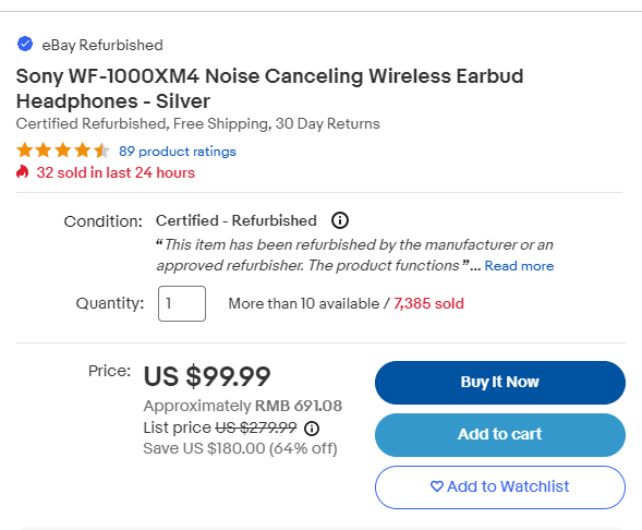 好价抢！Sony 索尼 WF-1000XM4 真无线降噪耳机 翻新 银色