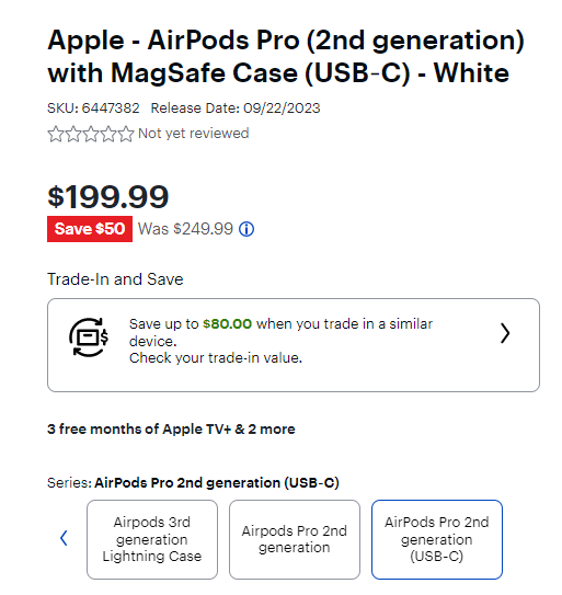 MaxRebates:Apple AirPods Pro 2代无线主动降噪TWS耳机USB-C版,Best 