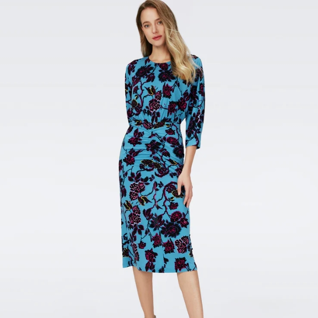 DVF Chrisey 蓝黑藤蔓花朵图案连衣裙