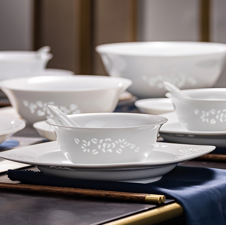 富玉玲珑瓷餐具中国风碗碟套装 中式碗盘组合高档景德镇套碗家用 玉牡丹22头