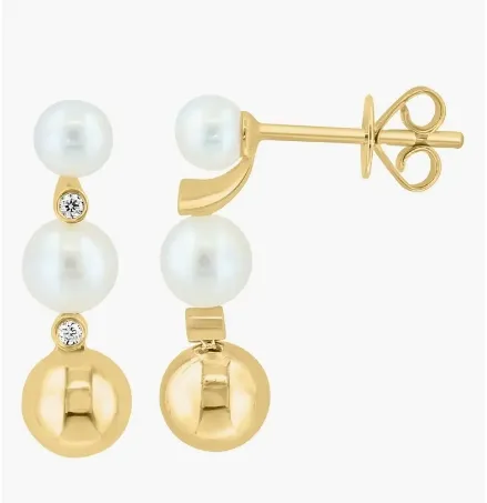 EFFY 14K 金球和 4.5-5 毫米淡水珍珠配钻石吊式耳环