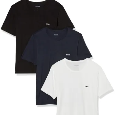BOSS 男式 3 件装圆领棉质针织 T 恤, Bright White, Blue Navy, Soil Black, X大码