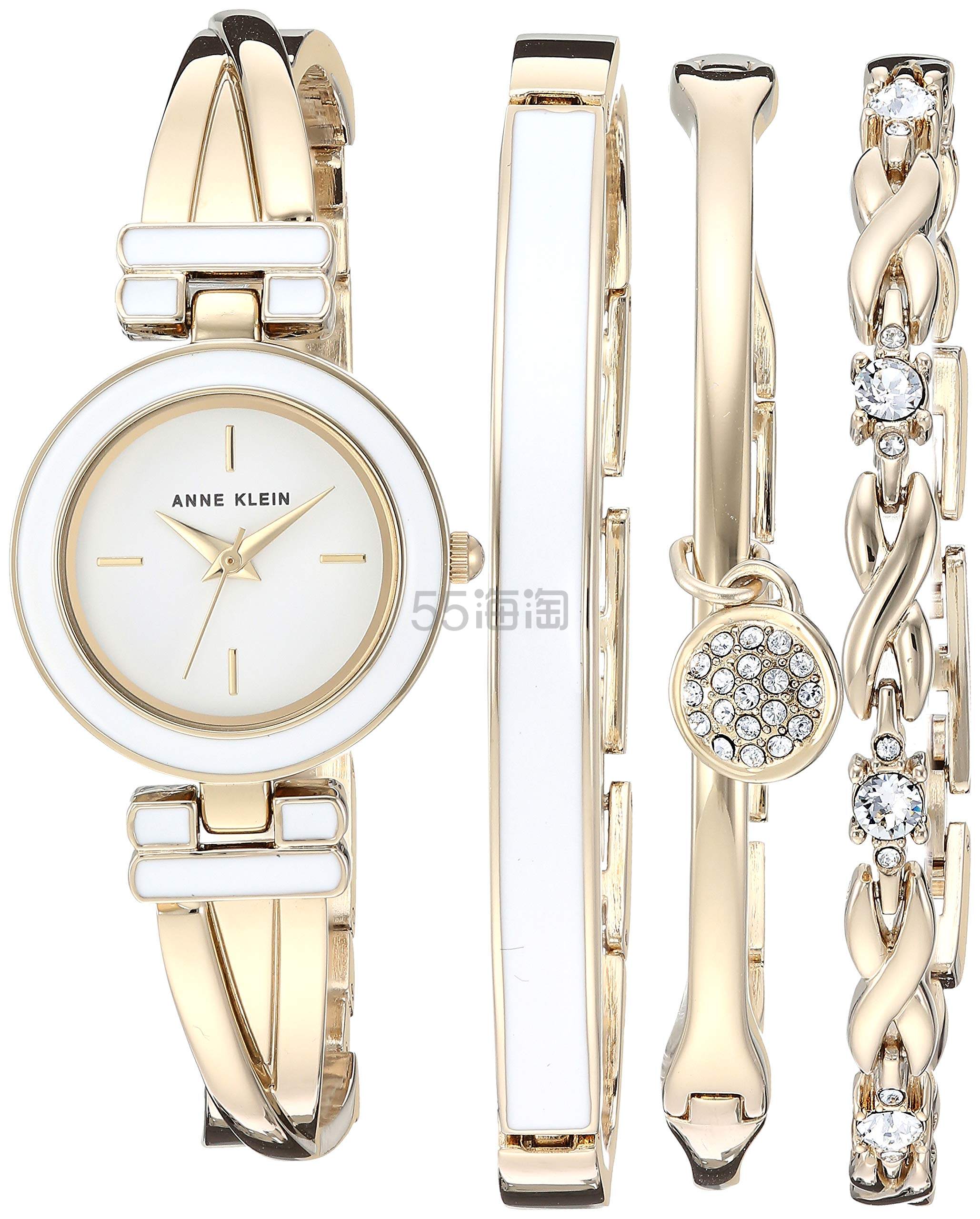 ANNE KLEIN 女士手镯手表和高级水晶装饰手链套装 金色
