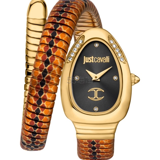 vintage爱好者必入！Just Cavalli 签名蛇皮独奏女式优雅石英手表时尚灵活手链单转不锈钢表壳, 银色, 时尚
