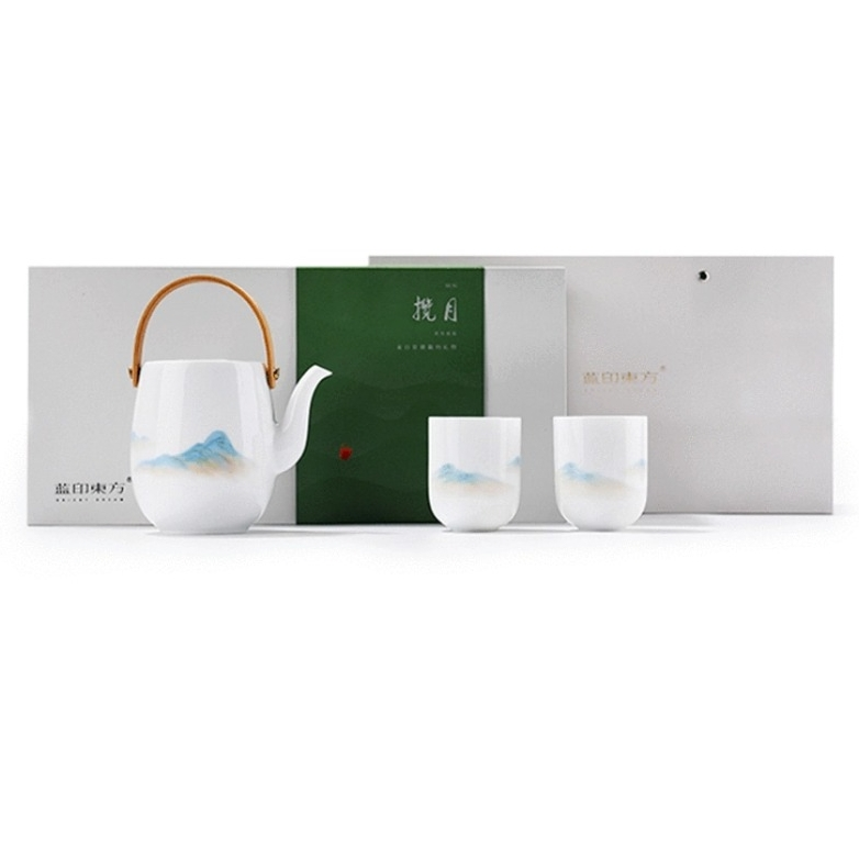 蓝印东方 景德镇茶具套装 家用客厅中式陶瓷泡茶壶 提梁壶功夫茶具 一壶两杯